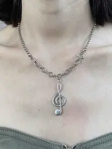 1 Hip Hop Trendy Star Note Pendant Round Bead Chain Necklace Male Female Simple Personality Party Street Style Fake Necklace