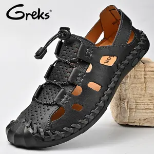 GREKS Men’s Closed-Toe Adjustable Hollow Cut-Out Sandals, Breathable Lightweight Summer Warm Weather Casual Outdoor Hiking Fisherman Footwear