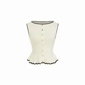 Cider Knit Boat Neck Colorblock Ruffled Hem Metal Button Vest Dealsforyou