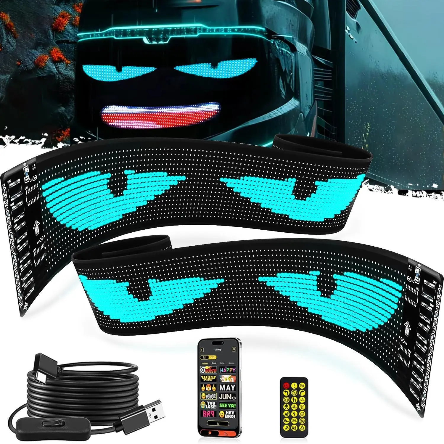 DIBMS Devil Eyes LED Matrix Panel - Automotive Truck Car Decorative Lighting Component, Programmable, Bluetooth APP Control, Wireless Scrolling, USB-Powered Dynamic Display