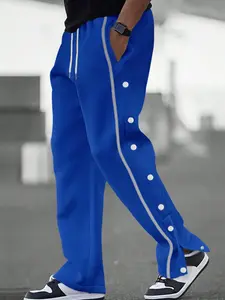 Men's 4 Colors Side Button Track Pants, Elastic Drawstring Waist Straight Leg Sweatpants, Casual Striped Loose Fit Athletic Pants with Pockets
