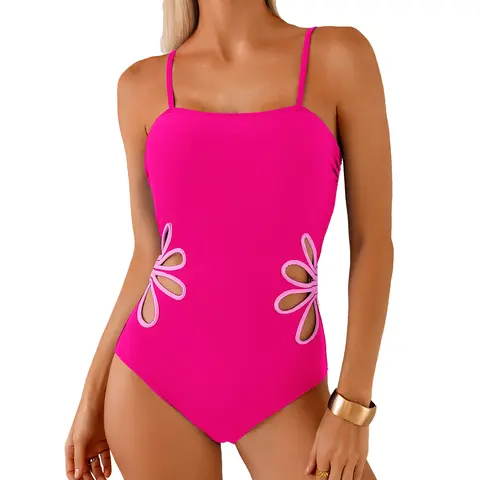 Aleumdr Women's One-Piece Swimsuit - Floral Cutout, Adjustable Spaghetti Straps, Wire-Free Padding, Ruching, Quick-Dry Stretch Nylon for Swimming, Beach Parties, Vacation Summer Swimwear