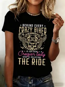 Women's Motorcycle Rider T-Shirt - "Behind Every Crazy Wife" Graphic Tee - Soft 180GSM Heavyweight Shirt with Motorcycle Mom - Loose Fit Casual Riding Apparel Gift Suitable for Riding Enthusiasts, Birthday/Halloween Outfits