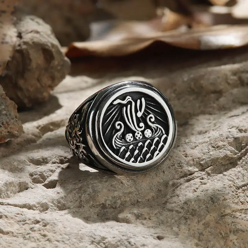 GTHIC Unisex Stainless Steel Viking Dragon Ship Ring - Norse Eternity Symbol Statement Piece, Protective Jewelry Accessory for Adults' Everyday Wear, Protection, Ward Off Evil Spirits Unique Design