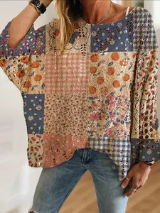 Women's Boho Floral Patchwork Knit Top, Loose-Fitting Round Neck Long Sleeve, Casual Elegant Vacation Style, Comfortable Breathable