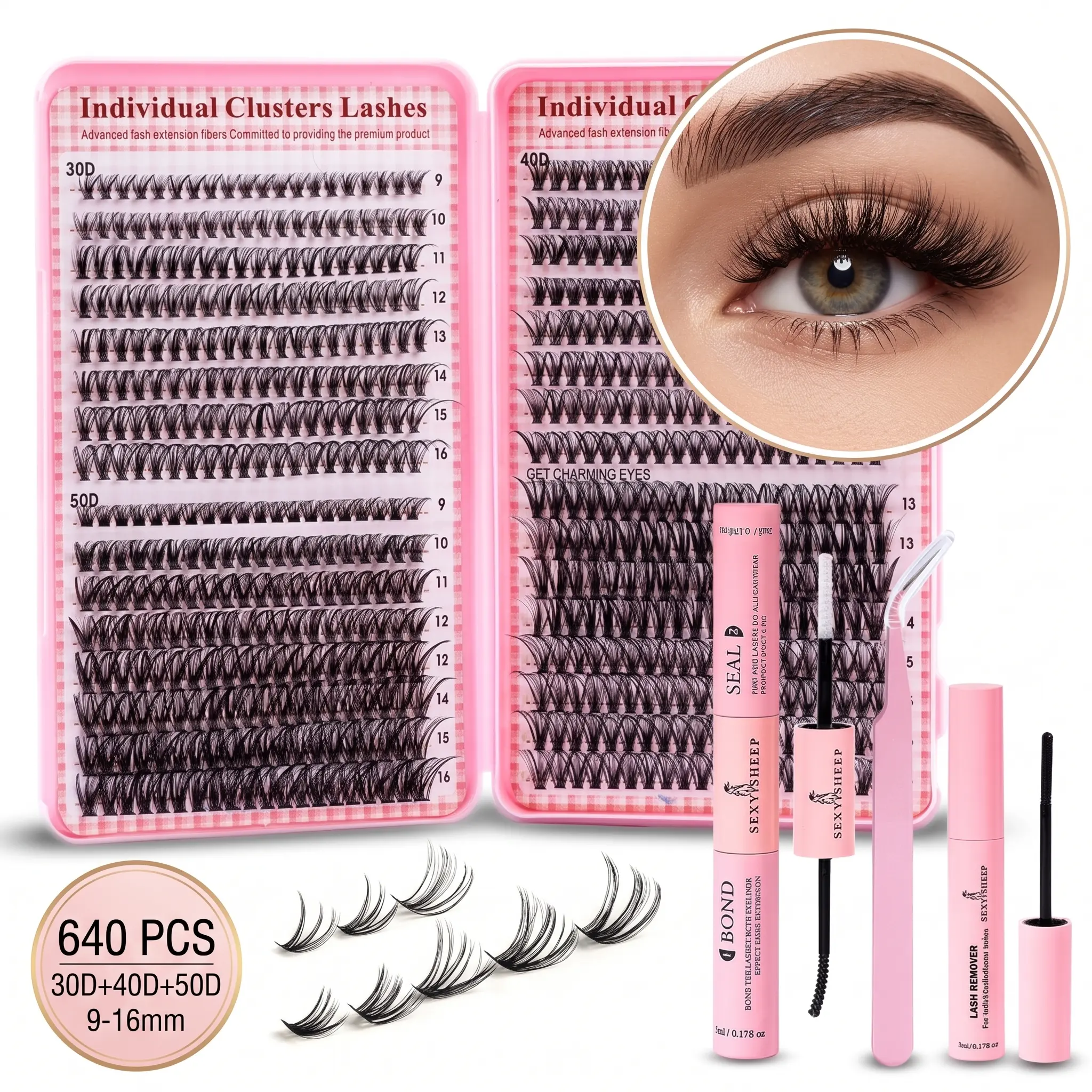 Lash Clusters Kit 640pcs, 30D+40D+50D Individual Eyelash Extension Kit with Bond and Seal, Lash Remover & Tweezers, 9-16mm Wispy Fluffy DIY Cluster Lashes at Home for Beginners