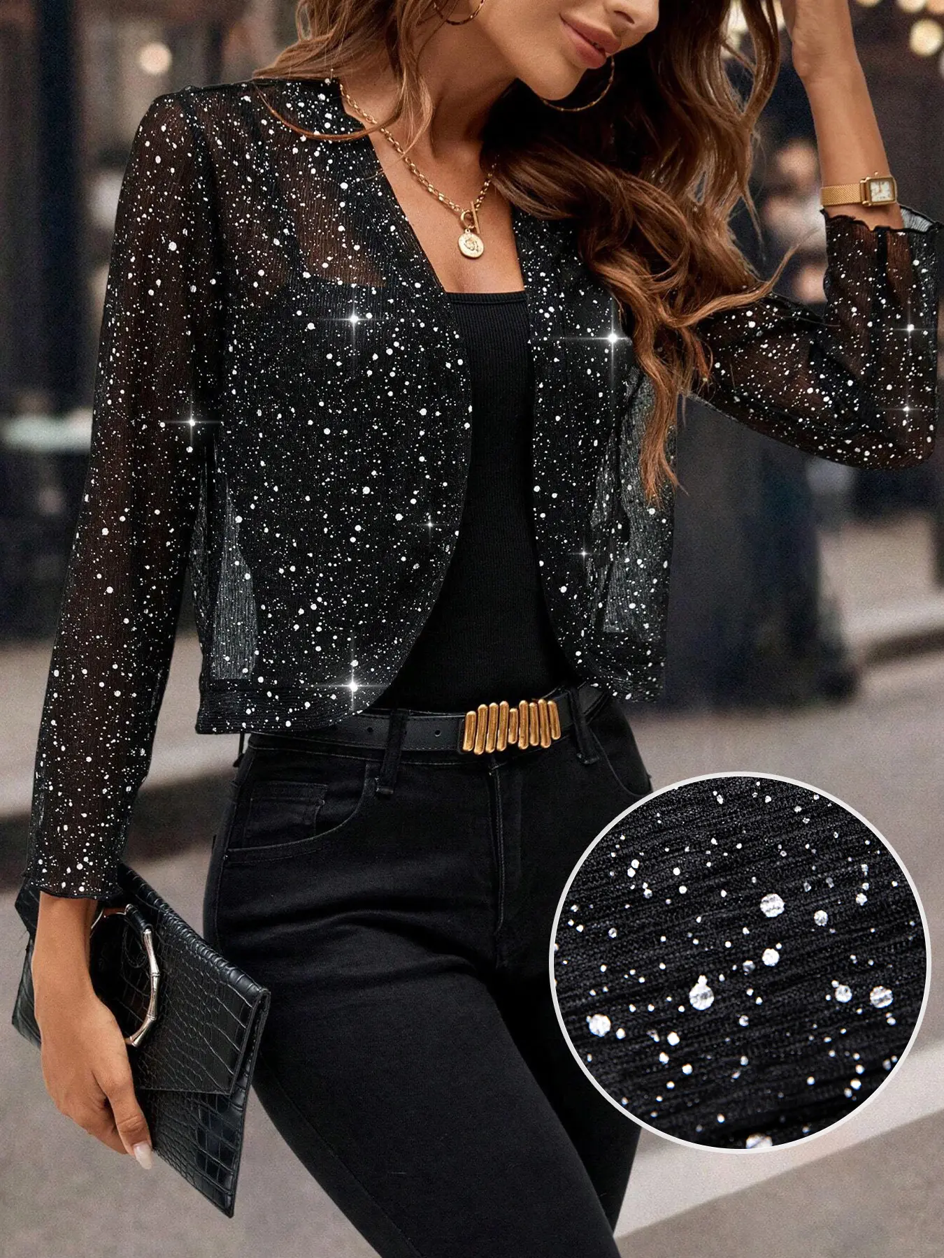 Women's Sequin Polka Dot Cardigan, Long-Sleeve Fitted Open-Front Lightweight Jacket for Work and Streetwear, Lady, Contrast Sequin, Front-Open Design