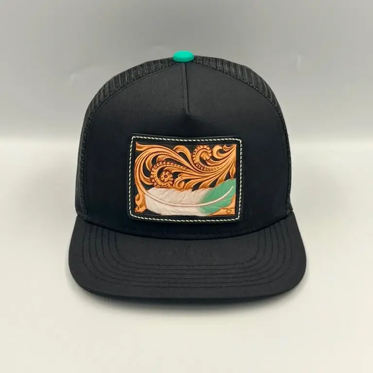Double R Hand Tooled Leather Patch Trucker Cap - (Black Flat Bill Snapback - Feather)
