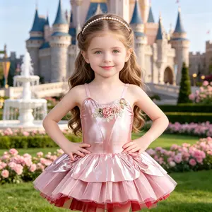 Girls Metallic Pink Floral Embroidery Spaghetti Strap Ballet Leotard Tutu Dress | Tiered Skirt Dancewear for Toddler Recital & Birthday Party