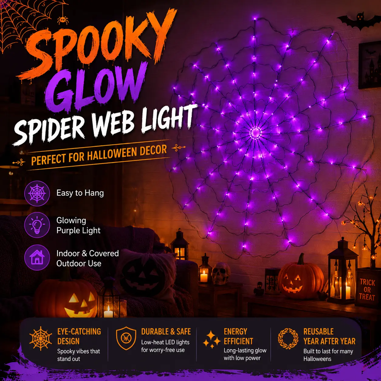 Halloween Spider Web LED Lights, Purple Glow Spider Web String Lights for Halloween Decorations, Spooky Wall Hanging Light with Easy Setup for Indoor Outdoor Party Home Decor