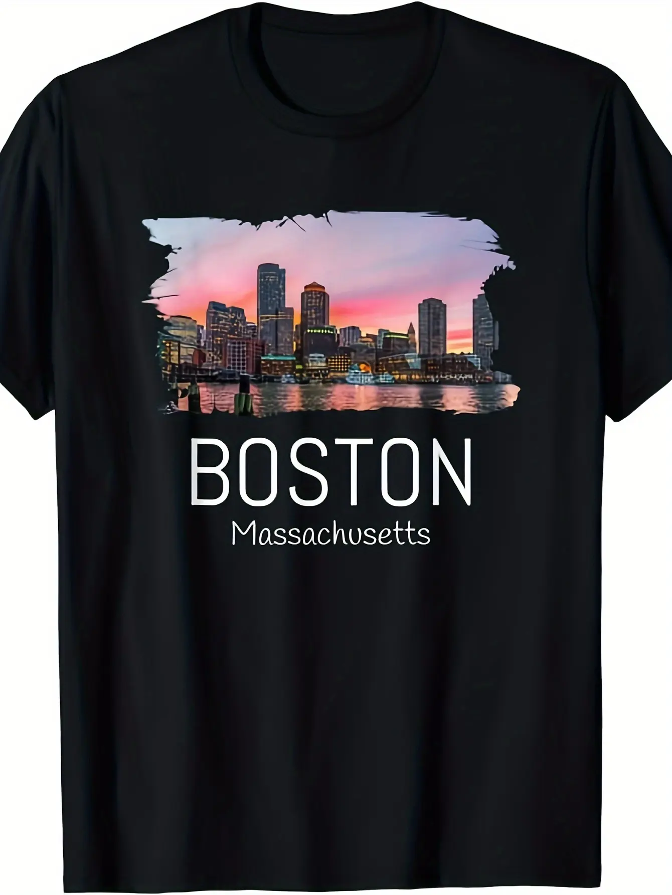 Men's  Women's Boston Skyline T-Shirt - Black with unisex soft cotton short sleeve t shirt, vintage graphic casual tee for men women teens, perfect birthday holiday gift for camping travel gym daily street casual wear