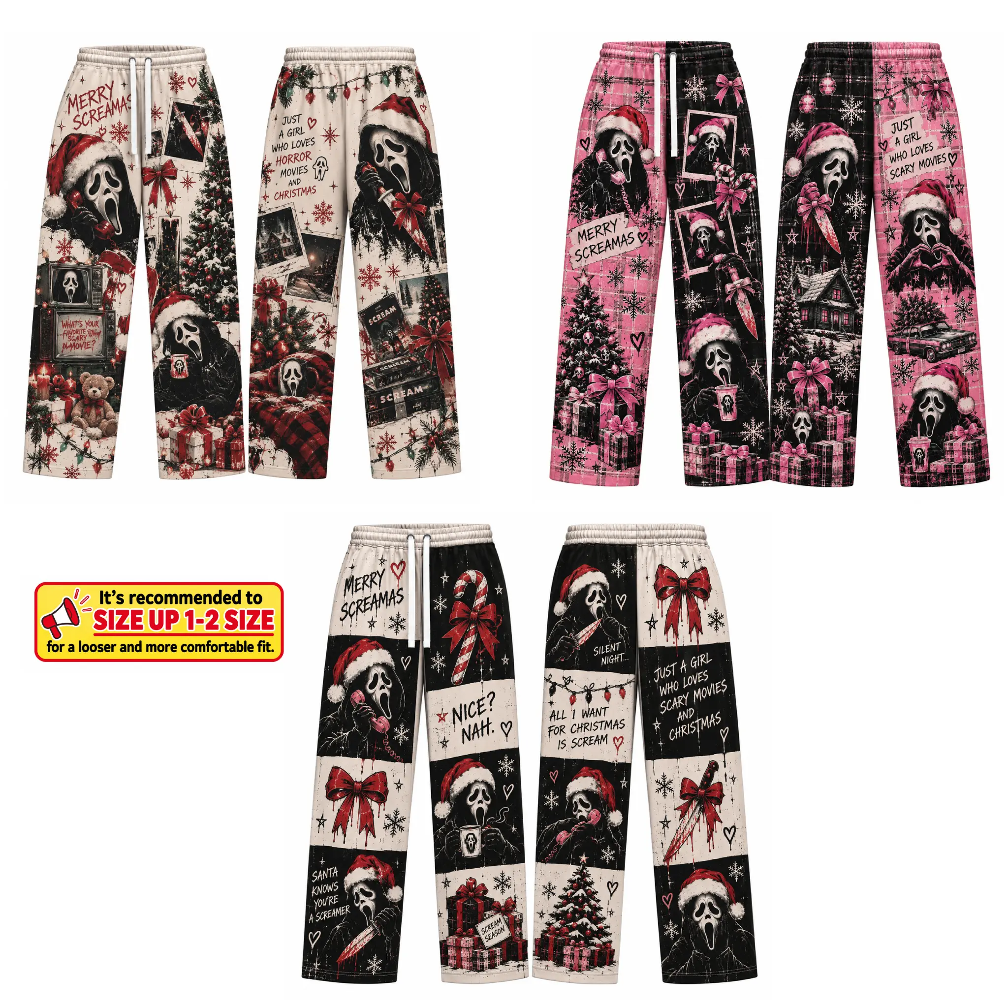 (Size Up 1-2size - Check Size Chart) Merry Screamas Christmas Sweatpants, Ghostface Inspired Horror Holiday Wide Leg Pants, Pink Black Plaid Graphic Sweatpants, Scary Movie Lover Gift, Unisex Cozy Christmas Pants