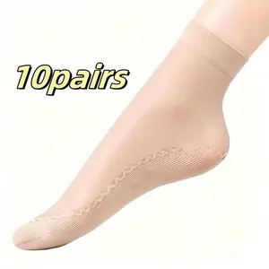 10 Pairs Elastic Thin Stockings | Women'S Transparent Ultra-Thin Light Mesh Smooth Anti-Slip Socks, Mixed Color Solid Pattern, Fabric, Suitable for Summer