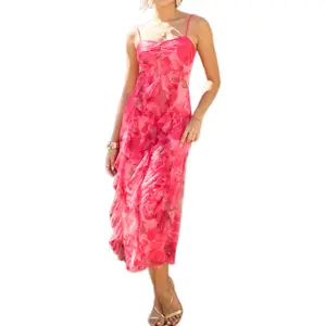 Grace Karin Elegant Ruffled Floral Spaghetti Strap Midi Dress