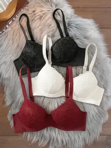 3pcs Women's Fashion Lace Trim Push-Up Bras, Unpadded, Nylon and Spandex Blend, Romantic Style, Suitable for Various Occasions，Elegant HighSupport Push-Up Design Contrast Lace Trim -Comfortable Non-Removable Padding，Stylish Lingerie, Feminine, SoftFabric