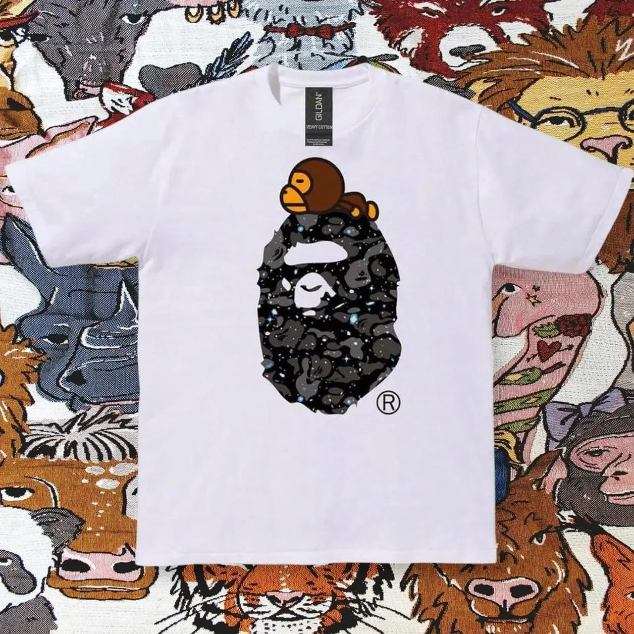 Bape With Black Camouflage Pattern And Brown Monkey Graphic T-Shirt – Y2K Aesthetic Graphic Tee