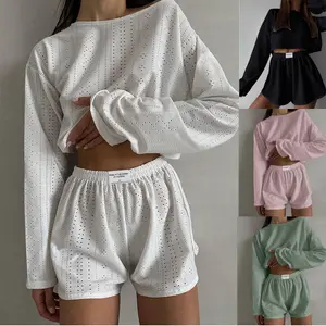 Women's Casual Suit Hollow-out Fashion Simple Loose Pullover Long Sleeve Top Shorts