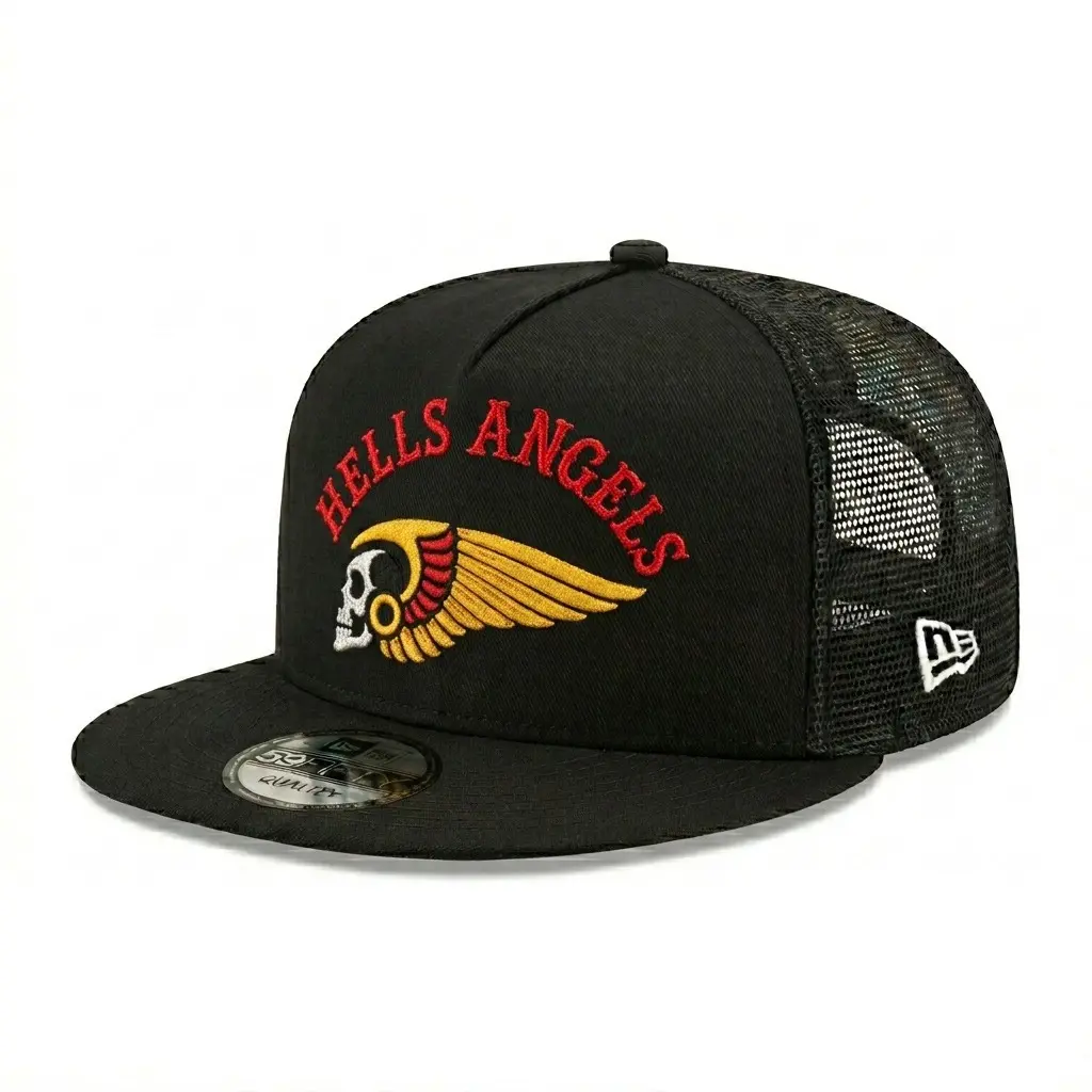 Skull Wing Rider Embroidered Trucker Hat, Vintage Motorcycle Style Snapback Cap with Bold Eagle Wing Graphic Design, Black Mesh Back Flat Brim Baseball Hat for Men Women, Retro Garage Streetwear Accessory, Classic Biker Fashion Hat for Outdoor Riding