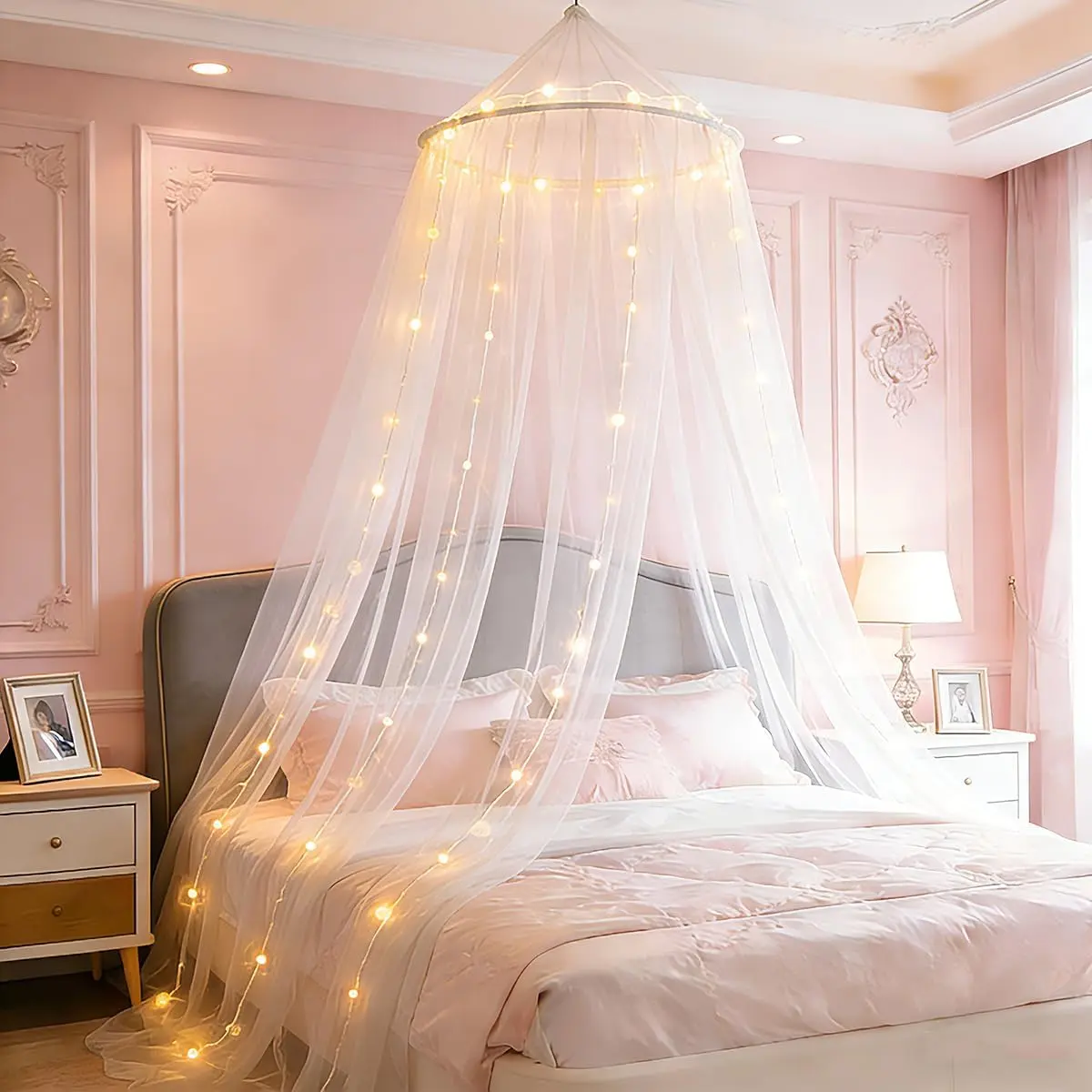 Bed Canopy with Lights Bed Canopy for Girls Princess Canopy Bed Curtains for Twin to King Size Bed Dreamy Mosquito Netting for Indoor Outdoor, Bedroom Accessories