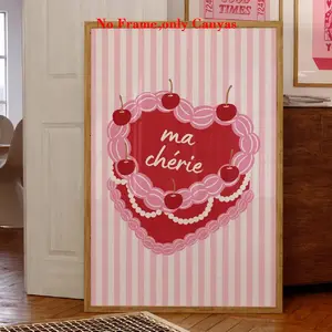 Cherry Heart Cake Art Print, Fashion Poster, Girl Academy Canvas Wall Art, Living Room Decor, Bedroom Aesthetic Design, No Frame Gift, Unframed