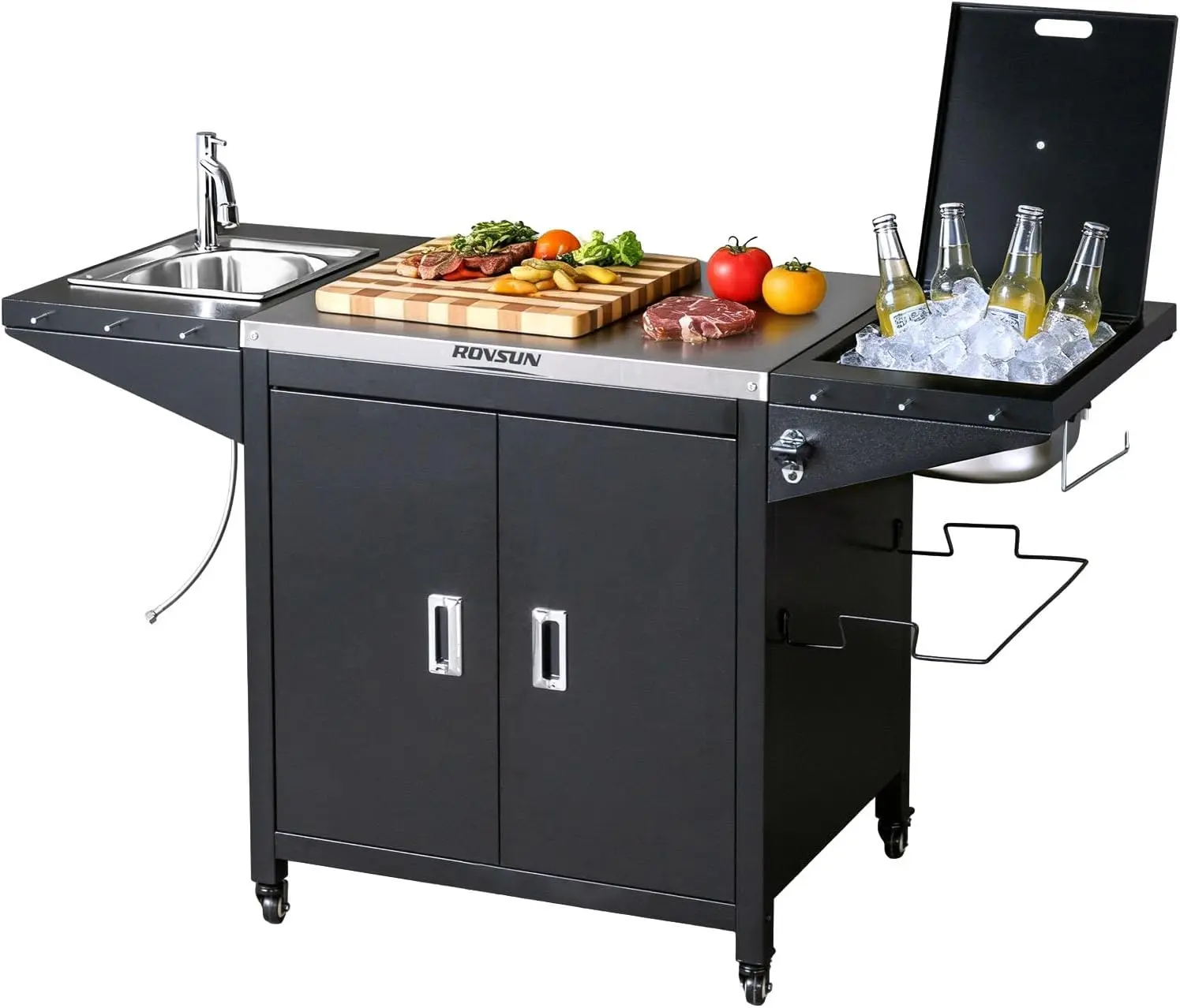ROVSUN Outdoor Grill Cart with Sink, 304 Stainless Steel Sink with Cold Drink Refrigerated Area, Rolling Kitchen Prep Island with Cabinet, Bottle Opener, Rubbish Rack, for Patio, Gardens, Backyards