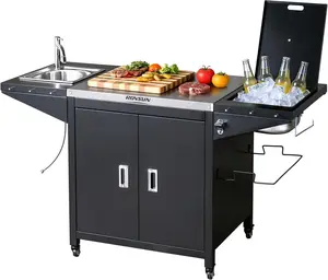 ROVSUN Outdoor Grill Cart with Sink, 304 Stainless Steel Sink with Cold Drink Refrigerated Area, Rolling Kitchen Prep Island with Cabinet, Bottle Opener, Rubbish Rack, for Patio, Gardens, Backyards