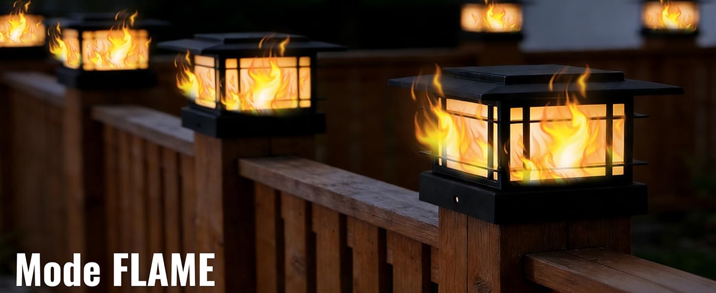 4x4 Solar Post Cap Lights Outdoor with Flickering Flame Light, Black Shell Fence Post Solar Lights Fit 4x4 Vinyl/Wooden Posts, Brightness LED Lighting Decor for Garden Deck Patio, 2 Pack