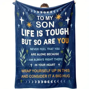 Inspirational "To My Son" Flannel Blanket Cozy Reversible Soft Warm Comfort in Blue Celestial Design Perfect for All Seasons Ideal Gift from Mom Dad Multiple Sizes Available 100% Polyester