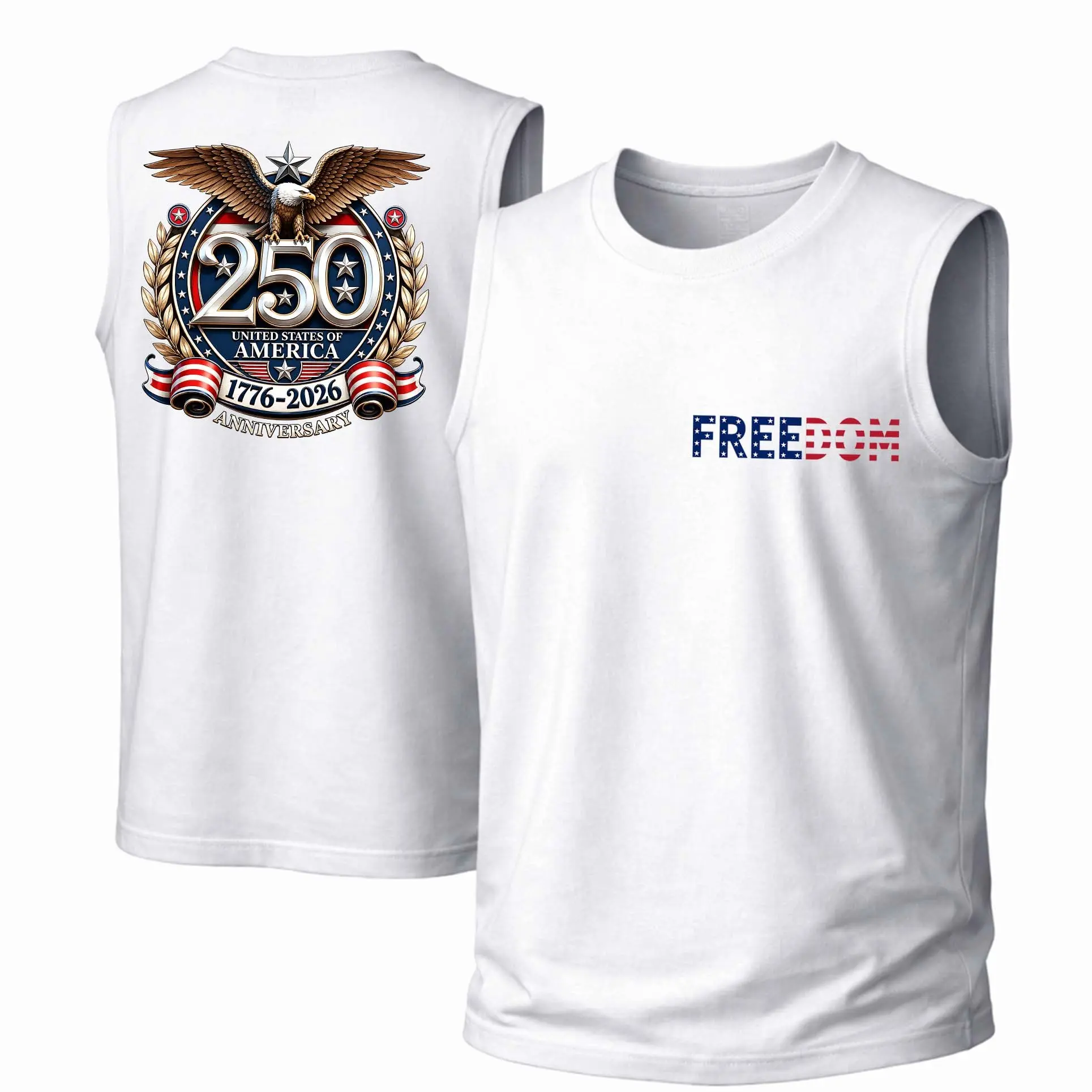 Men's Cotton Sleeveless Crew Neck Tank Top - 250th American Independence Anniversary Punk Print Streetwear Garment, Soft Loose Breathable Cool Fabric, Spring Summer Casual Unisex Undershirt Clothes Products