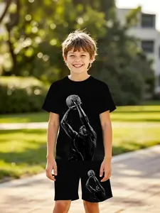 Boys' 3D Short Sleeve Set Youth Kits Kobe Shooting Cool Basketball Star Print Summer, Casual Loose Fit Shorts, Perfect Gift