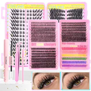 DIY Lash Cluster Kit - Mixed 30D+40D+50D D Curl Cluster Lashes, Colored & Cat Eye Options, Natural Wet Look, Thick, Volumizing, Reusable for Beginners