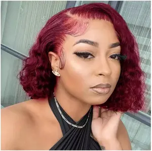 Curly Bob Wig Human Hair Deep Wave 13x4 HD Lace Front Wigs For Black Women Human Hair Pre Plucked Wear And Go Glueless Short Wet And Wavy Wine Red 99J Burgundy Color 12 Inch