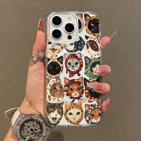 Soft Girl Magnetic TPU Phone Case for iPhone 11/12/13/14/15/16/17 Pro Max - Aesthetic Floral Cat Badge Collage Cover, Lightweight Drop-Proof Casing, MagSafe & Wireless Charging Compatible, Protection Accessory for Teen Girls