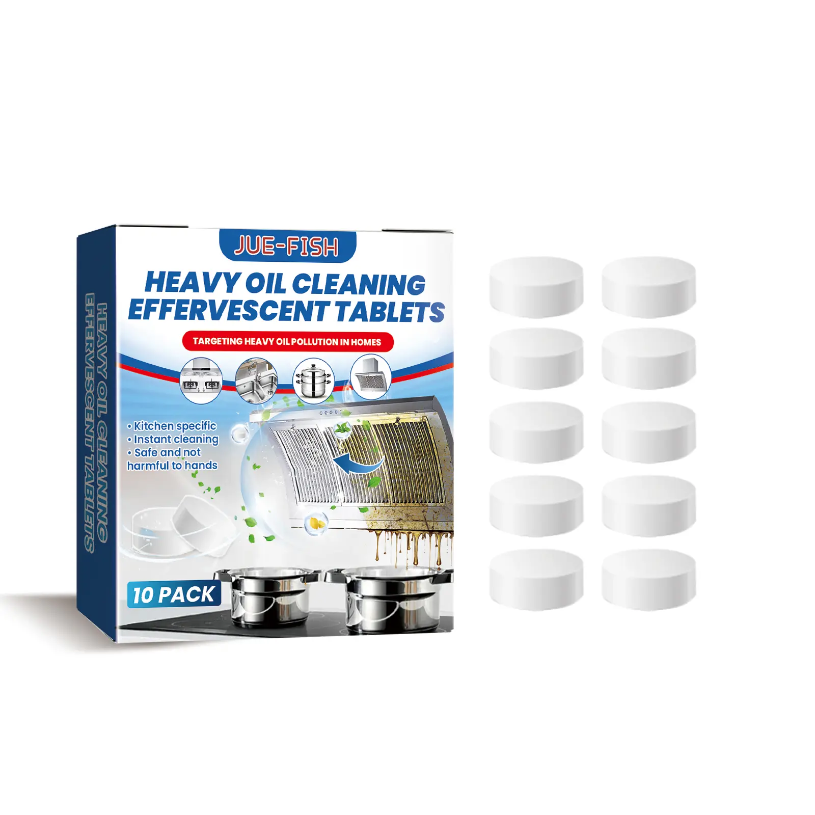 Jue-Fish Baking Soda Effervescent Household Cleaning Tablets, 3-Year Shelf Life, All Seasons Easy-to-Clean Natural Degreaser for Kitchen Range Hoods, Stoves Heavy Oil Stains - Boxed
