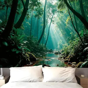 Forest Nature Tapestry Wall Hanging, Green Misty Forest Wall Mural Tapestries for Bedroom Aesthetic, Large Landscape Backdrop Art Decor for Living Room Dorm 80x60 Inches