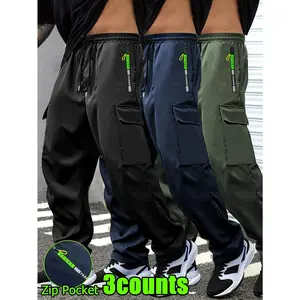 Men's 3-piece set with multiple pockets, zippered workwear, and ankle pants Drawstring elastic waist outdoor casual sports pants Multi colored versatile functional straight leg pants for daily commuting