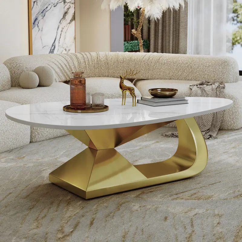 51.2" Coffee Table Modern Faux Marble Center Table with Sturdy Gold Metal Base, Luxury Living Room Furniture, Easy Assembly