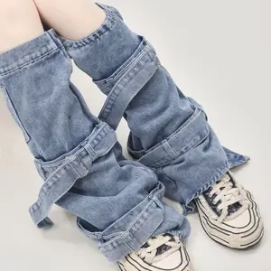 Y2K Baddie Niche Washed Distressed Denim Leg Warmers Tie-Up Design Subculture Stackable lrregular Ripped Trendy Fashion Sleeves Style