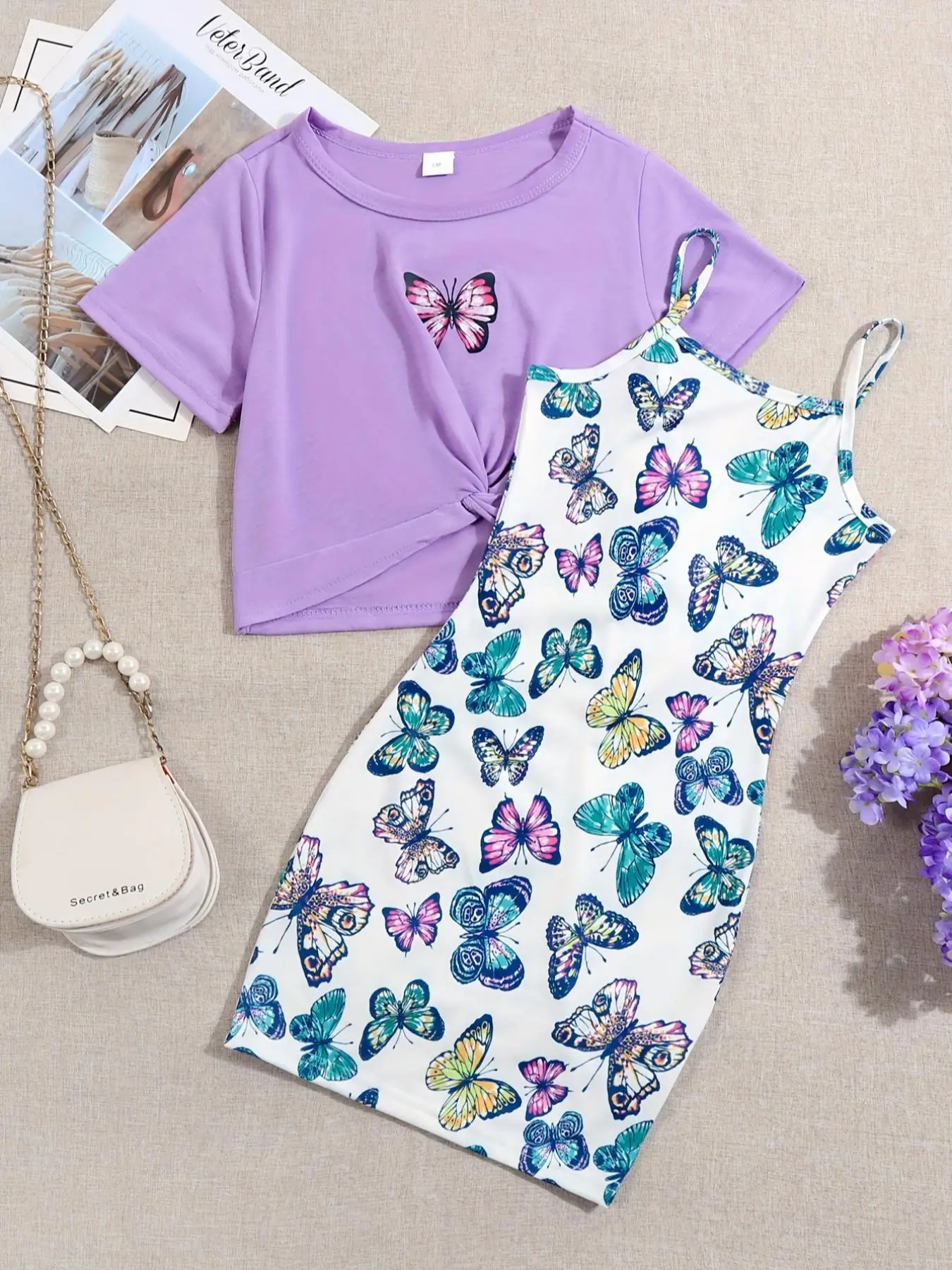 Girl's 2pcs Butterfly Print Cami Dress & Round Neck Crop Tee Set, Trendy Casual Spaghetti Strap Dress & Short Sleeve T-shirt, Kids Summer Outfits Clot