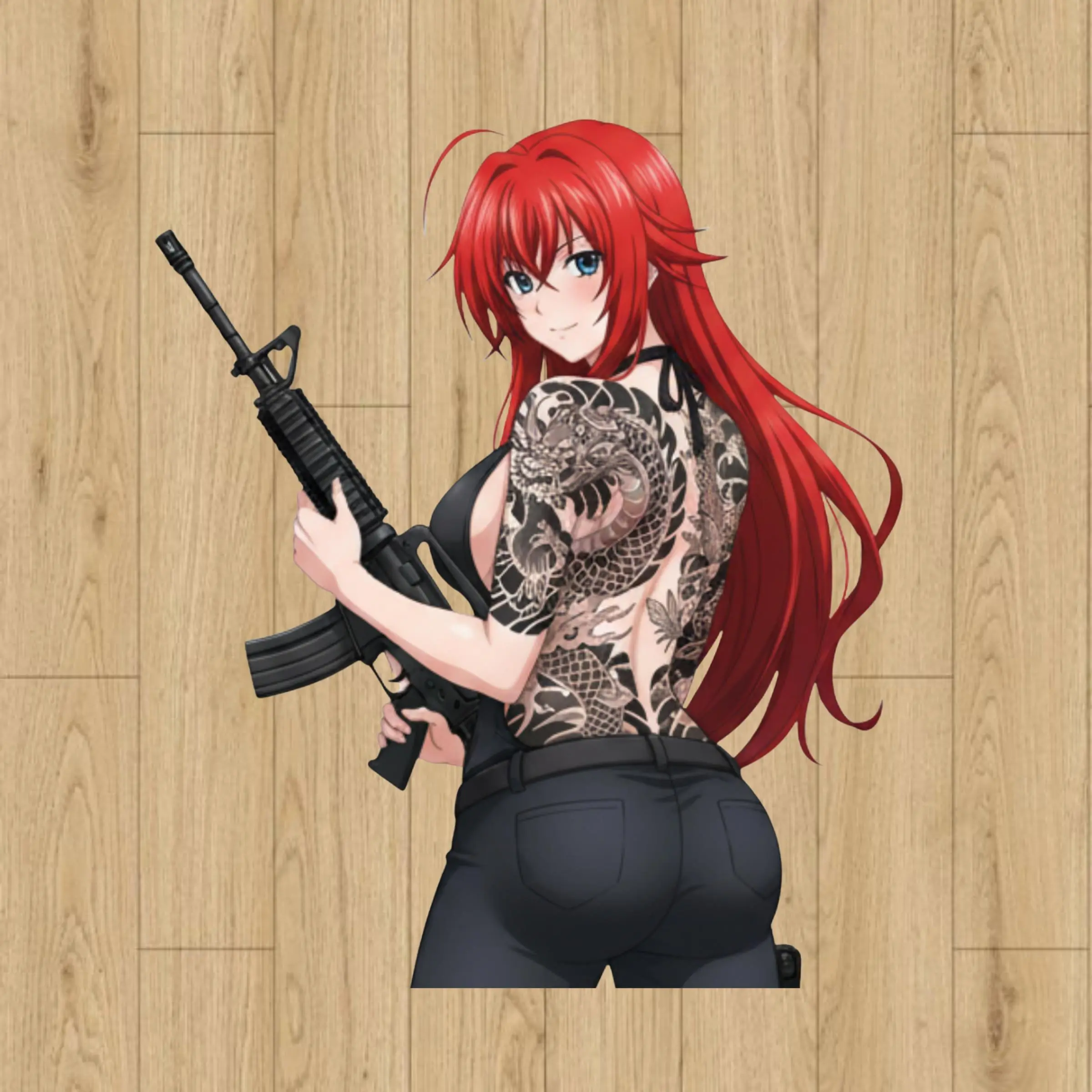 Rias Gremory Anime Girl with Dragon Tattoo and M4A1 Rifle Sticker – Rias Tactical Vinyl Sticker, High School DxD Waifu Sticker