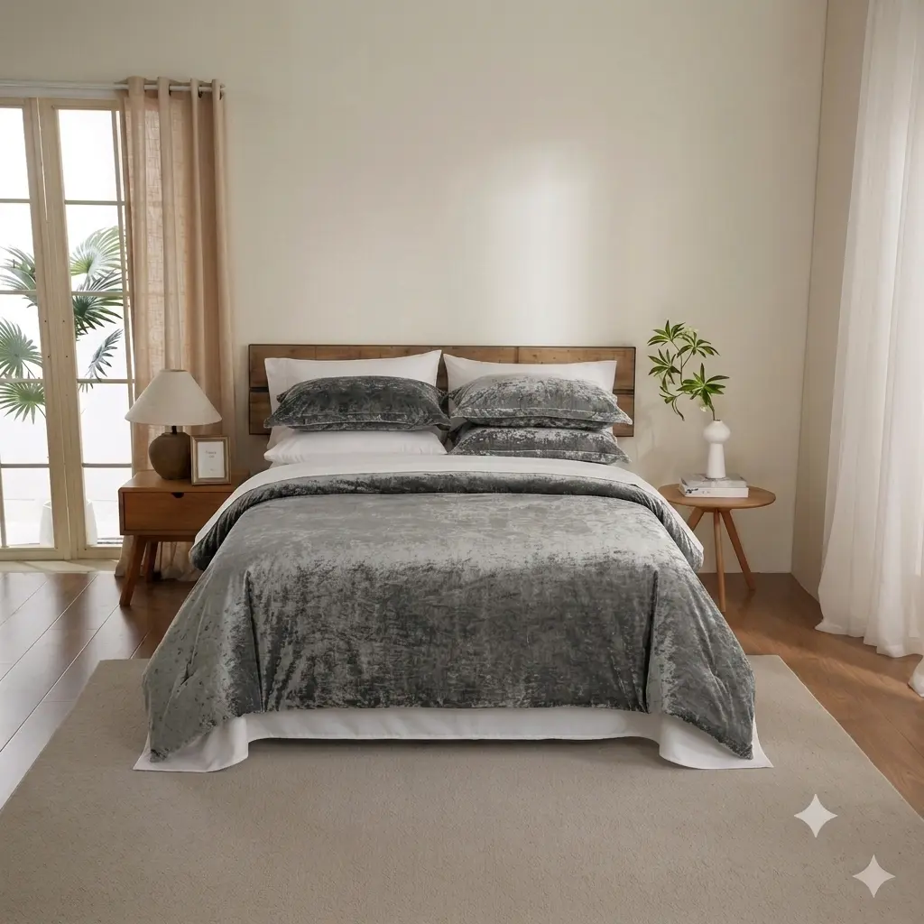 Say Yes Bedding 9-Piece Cool Grey Velvet Comforter Set with Egyptian Cotton Sheets