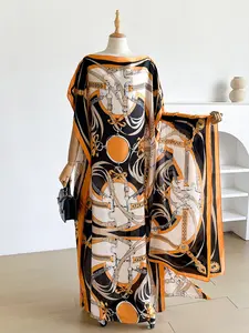 Boho Style Moo Moo Long Dress Set, Colorful Chain Print Robe with Scarf, Sun Protection Beachwear for Women, All Seasons Fitted