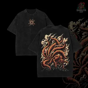 summer outfits[Shibuya] Kurama Nine Tailed Fox Naruto Shippuden Anime Vintage Wash Tees Unisex Acid Washed Hoodie Heavyweight Cotton, graphic men clothing streetwear