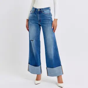 Judy Blue Retro Wide Leg Casual Pants with Cuffed Hem, Breathable Design, Comfortable Fit Women's Wear