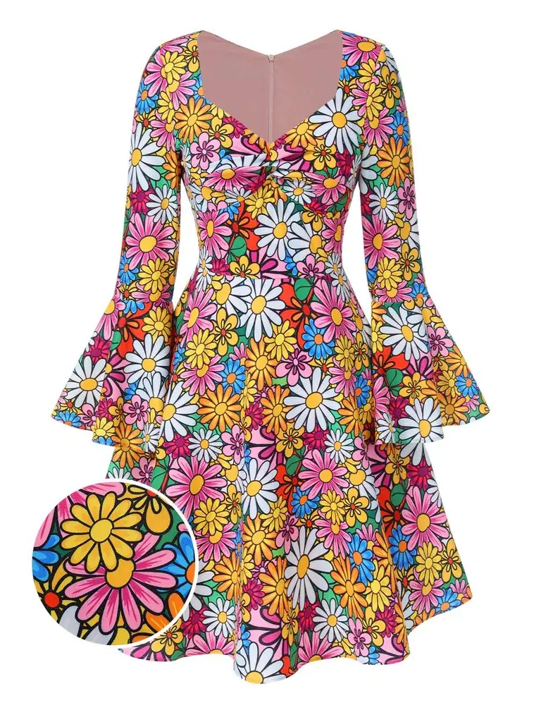 RETRO STAGE Women's 1960s-Inspired Casual Dress - Flare-Sleeve, Colorful Daisy Flower-Themed, Above-Knee, Casual Boho Bohemian Summer Wear, Flower-Themed Casual Dressessummer outfits
