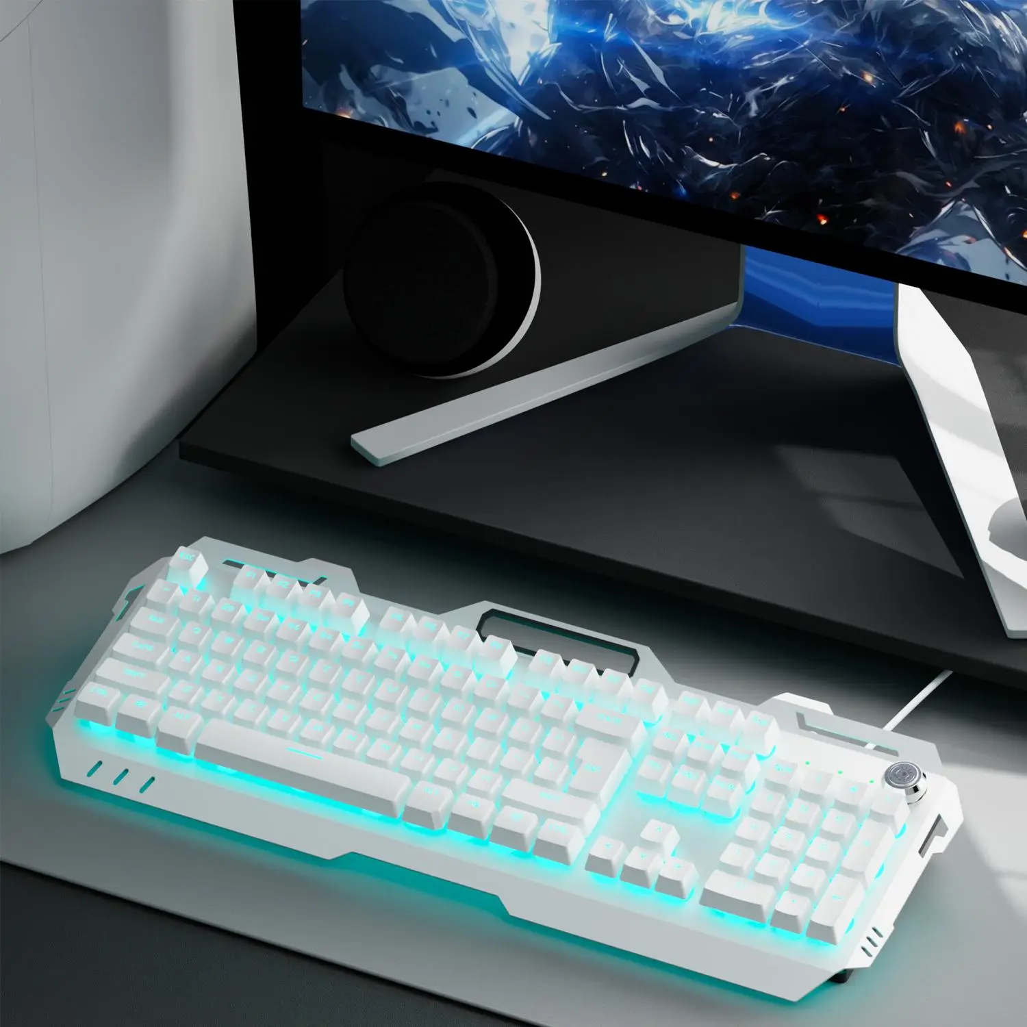 EWEADN GX810 Gaming Membrane Keyboard, LED Backlit All-metal Panel USB Wired Silent Office Keyboards with Multimedia Knob for Home & Office