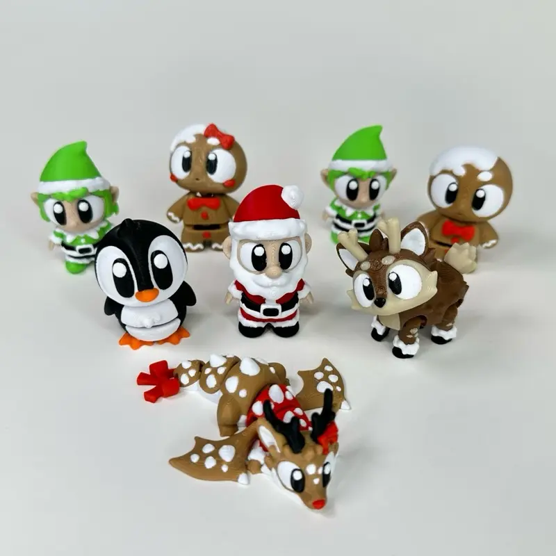 Christmas Set- 3D Printed Cute Eyed Characters Santa Elves Gingerbread Man Penguin Reindeer and Reindeer Dragon Festive Decorations