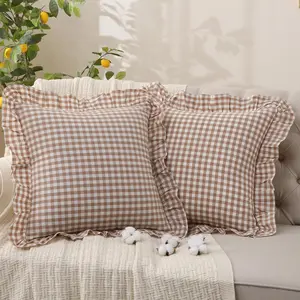 Gingham Throw Pillow Covers 100% Washed Cotton Linen-like Feel Soft Comfy Ruffle Farmhouse Fall Decorative Pillow Cases Set of 2 for Couch Sofa Bed 20x20 Inches Zipper Closure