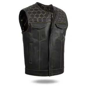 Men's Yellow Diamond Stitch Leather Vest Without Collar