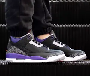 Black and Purple Cement Print Mid-Top Retro Basketball Shoes